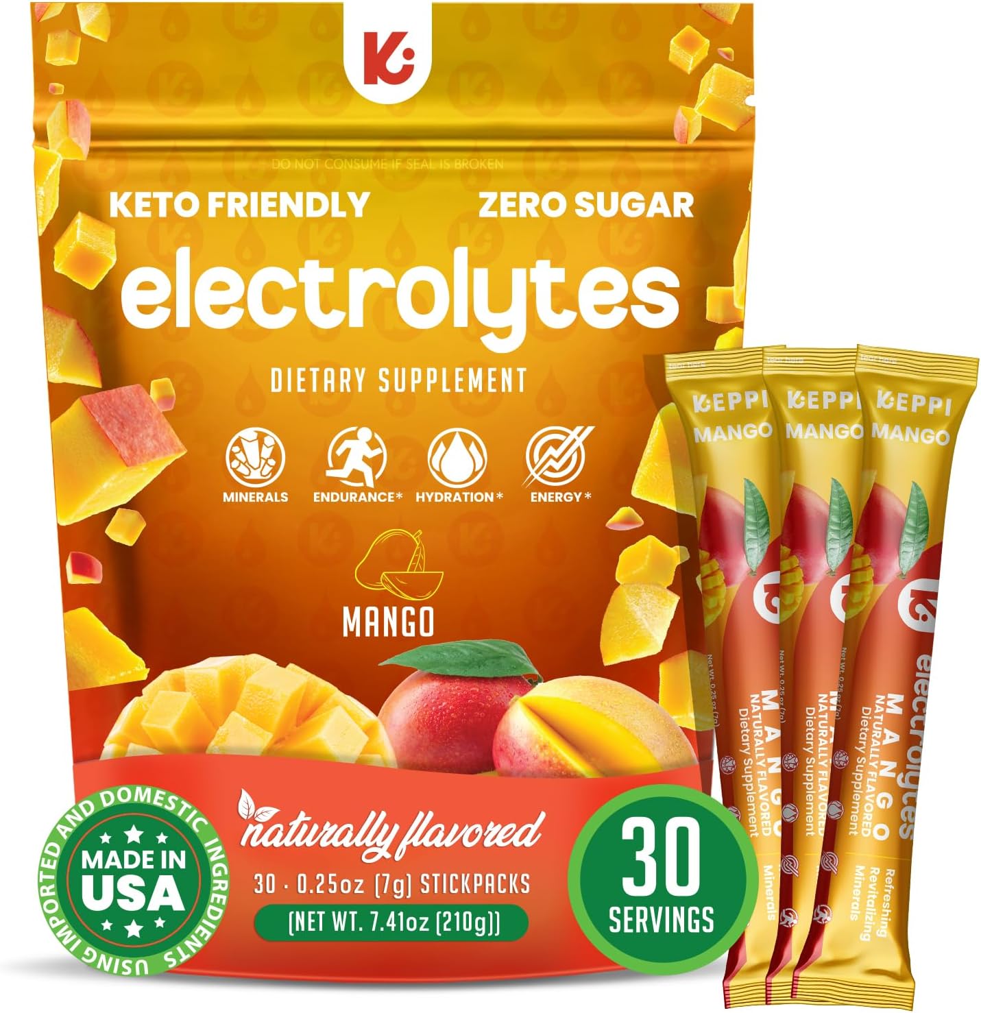 Electrolytes Powder Packets – Mango Flavor 30 Servings – No Sugar Hydration Supplement with Potassium, Magnesium, Sodium – Keto, Vegan, Fasting-Friendly, Zero Calorie Hydration Packets