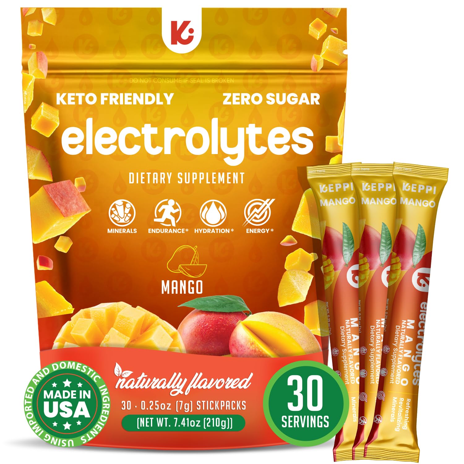 Keppi Electrolytes Powder Packets – Mango Flavor 30 Servings – No Sugar Hydration Supplement with Potassium, Magnesium, Sodium – Keto, Vegan, Fasting-Friendly, Zero Calorie Hydration Packets