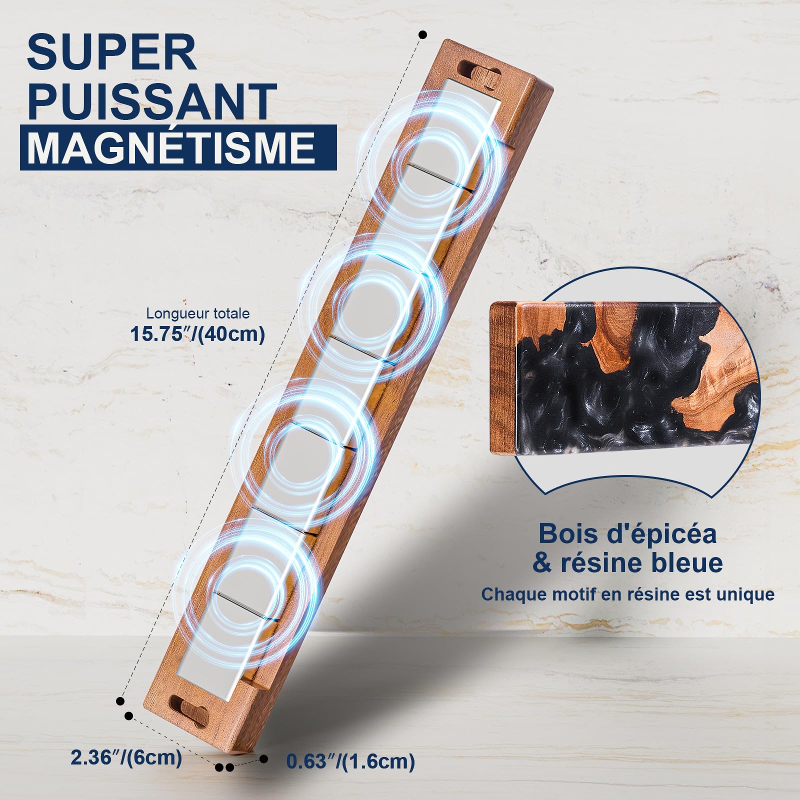 ENOKING Porte Couteaux Magnétique Mural 40 cm, Barre Magnétique Couteaux en Bois d’Acacia & Résine Noire, Support Couteaux Aimanté avec Fixation Adhésive ou Vis, Range Couteaux Mural pour Cuisine