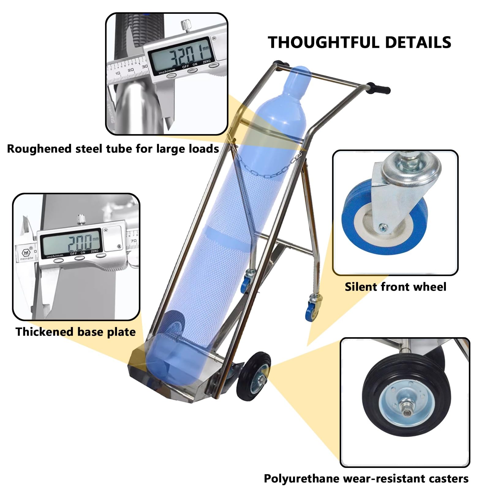 Carro cilíndrico de oxígeno, soporte portátil de acero inoxidable con ruedas, diseño de rodamiento ligero, soporta carga de hasta 100 kg, ideal para cilindros de oxígeno