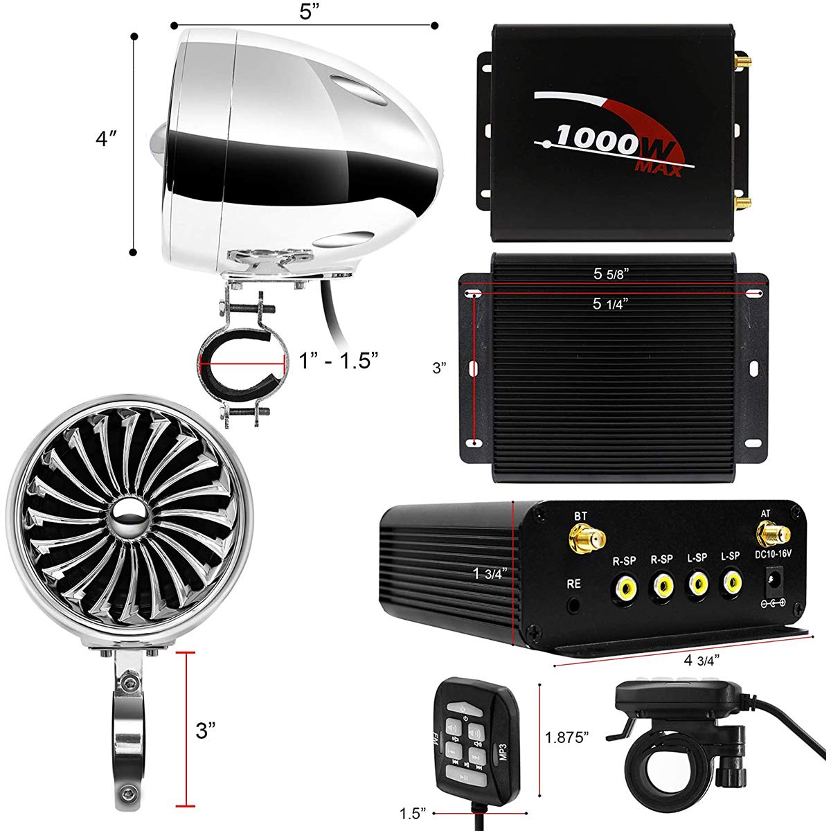 1000W Amplificatore per moto a 4 canali 4 "Altoparlanti stereo Bluetooth per moto impermeabili a gamma completa Sistema audio Radio FM per 1-1,5" Manubrio ATV UTV (Cromo, Ventola)