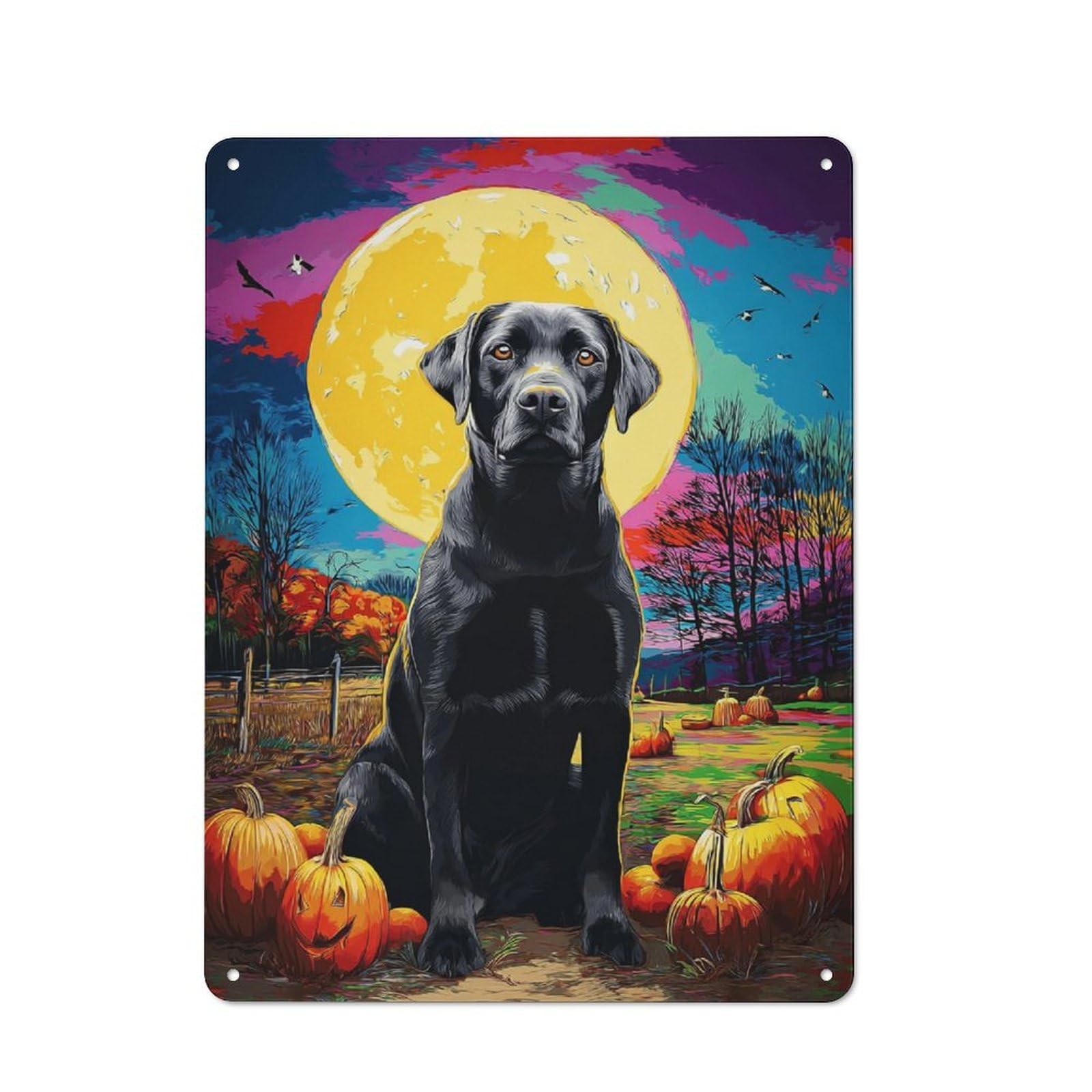 Junmoney Halloween Pumpkin Field With Black Dog Metal Wall Sign 40X30cm Featuring For Garage Wall, A Housewarming Gift For People Furnishing A Garage
