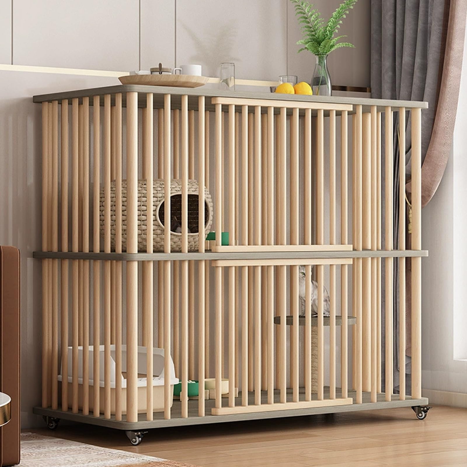 Gabbia per gatti in legno massello, grande, per interni, multilivello con piattaforma di salto in sisal e ruote universali, adatta per piccoli animali come furetti e conigli