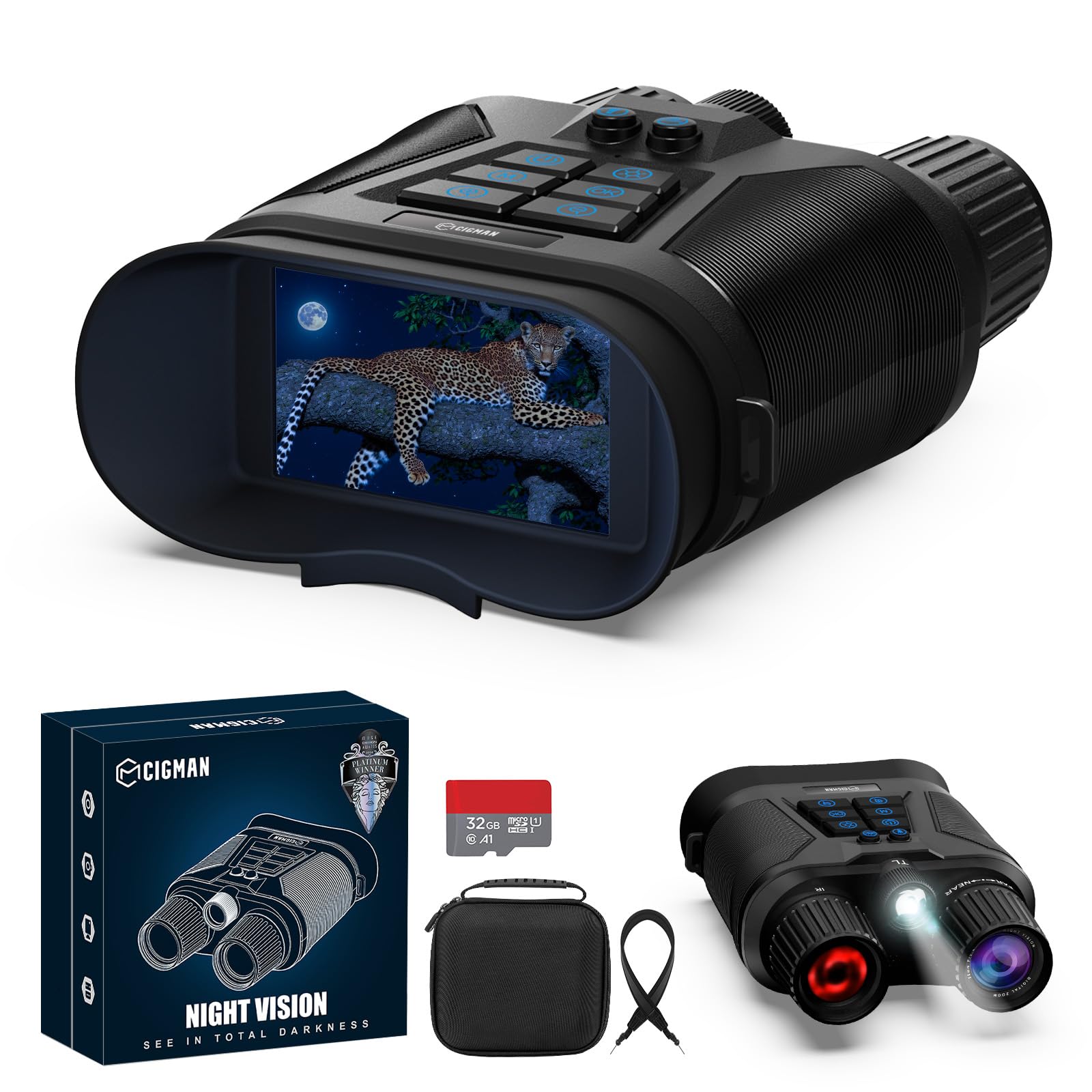 Lunettes de vision nocturne CIGMAN, portée de détection de 400 mètres, écran HD de 3 pouces, batterie au lithium de 5000 mAh, ouverture f/1.4, zoom numérique 8x, adaptées à l'observation et au camping