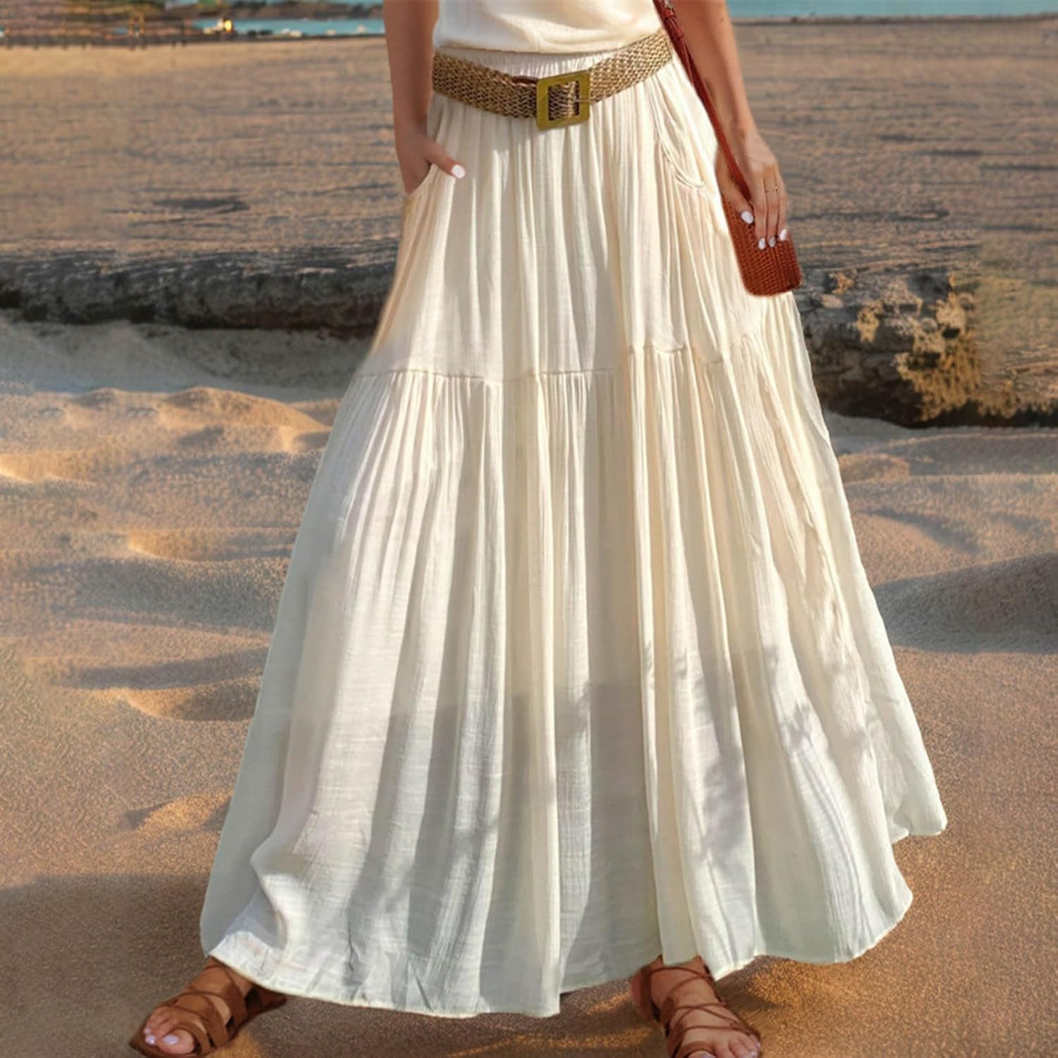 Maxi Skirts for Women High Waisted Flowy Tiered Boho Long Skirt Hippie Bohemian Aline Pleated Skirt with Pockets