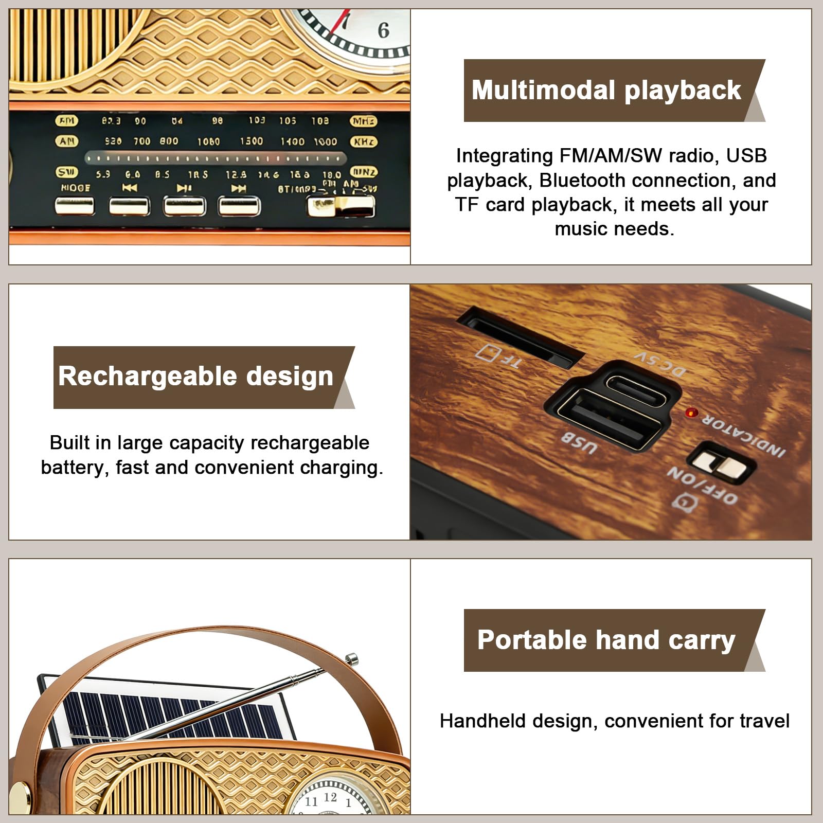 Radio retro AM/FM/SW Radio portátil pequeña, vintage, funciona con batería, radio solar con panel solar, radio de cocina con altavoz Bluetooth, compatible con función USB/TF, función de reloj