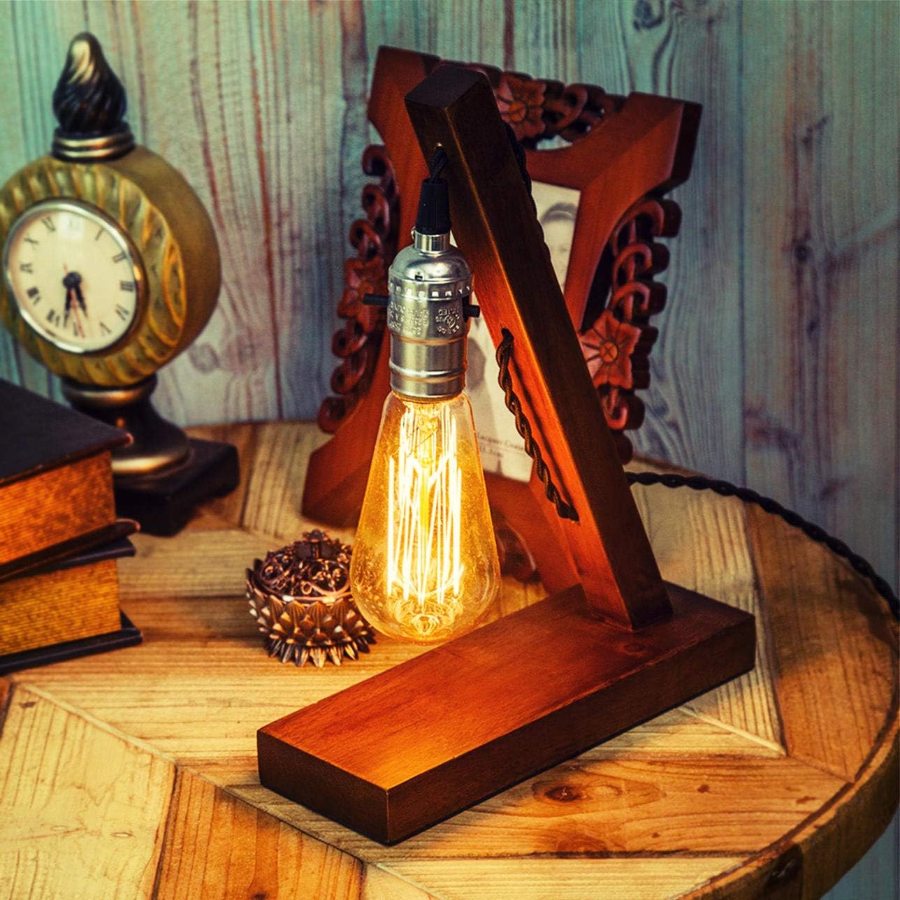 E27 Vintage Wood Blocks Table Lamp Desk Light for Cafe Bar Studio Night Light for Bedside Without Bulb Art (Wood Lamp)