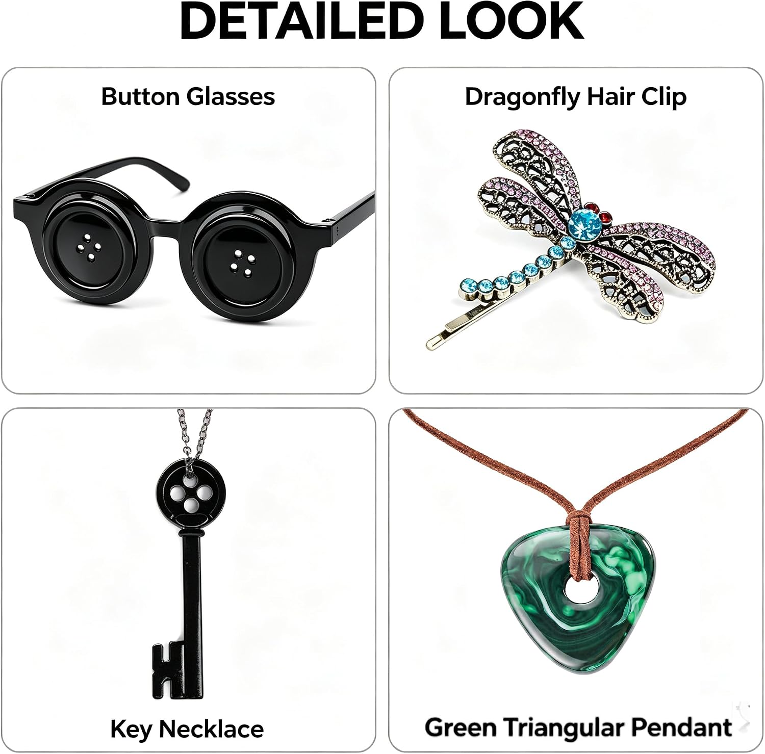 Coraline Button Glasses Key Necklace Emerald Necklace Dragonfly Hair Clip Combo Set