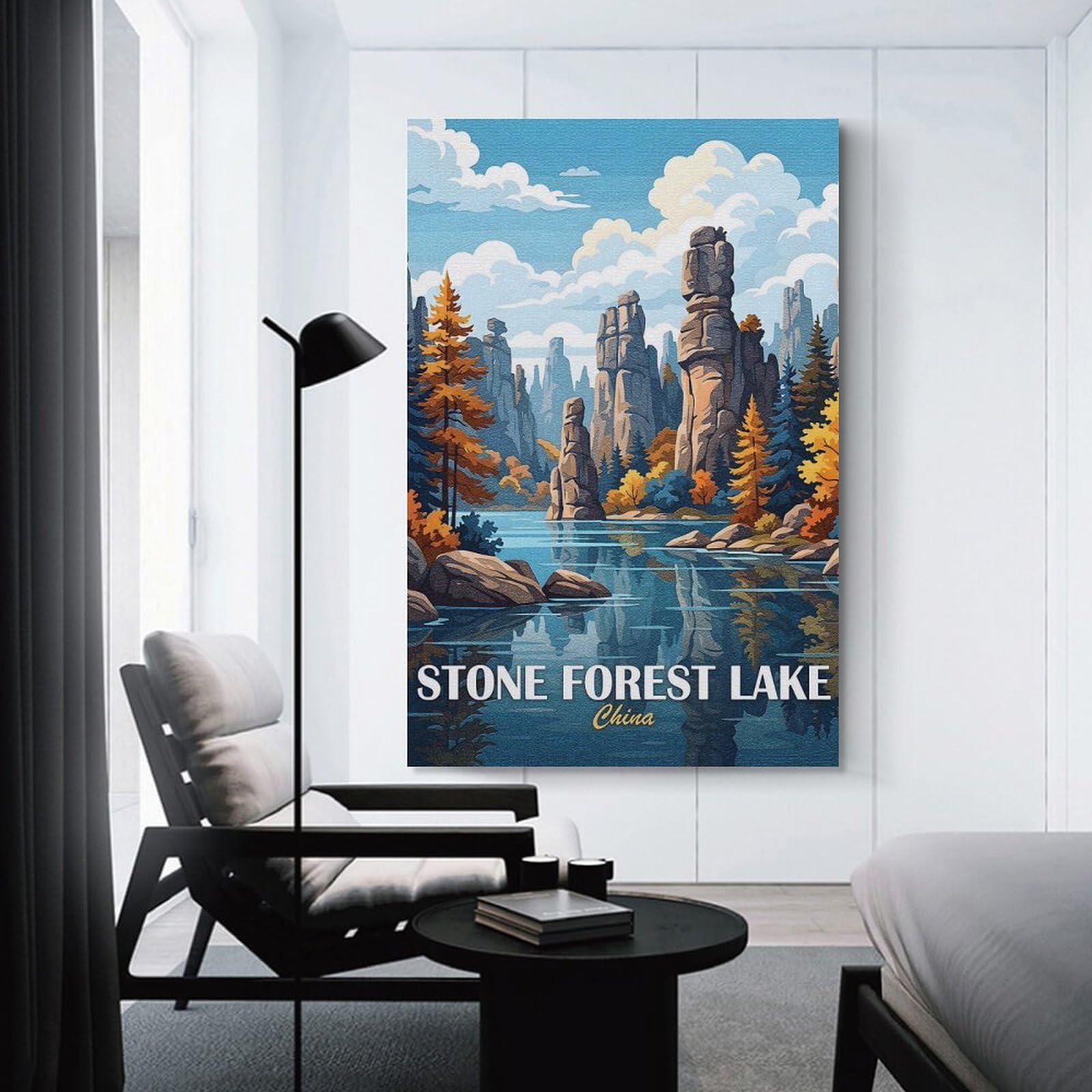 Junmoney Stone Forest Lake, China Room Decor Wall Art 12x18inch(30x45cm), for Bedroom Walls, Guest Spaces Or Lounges, An Easy Wall Refresh for Bedrooms