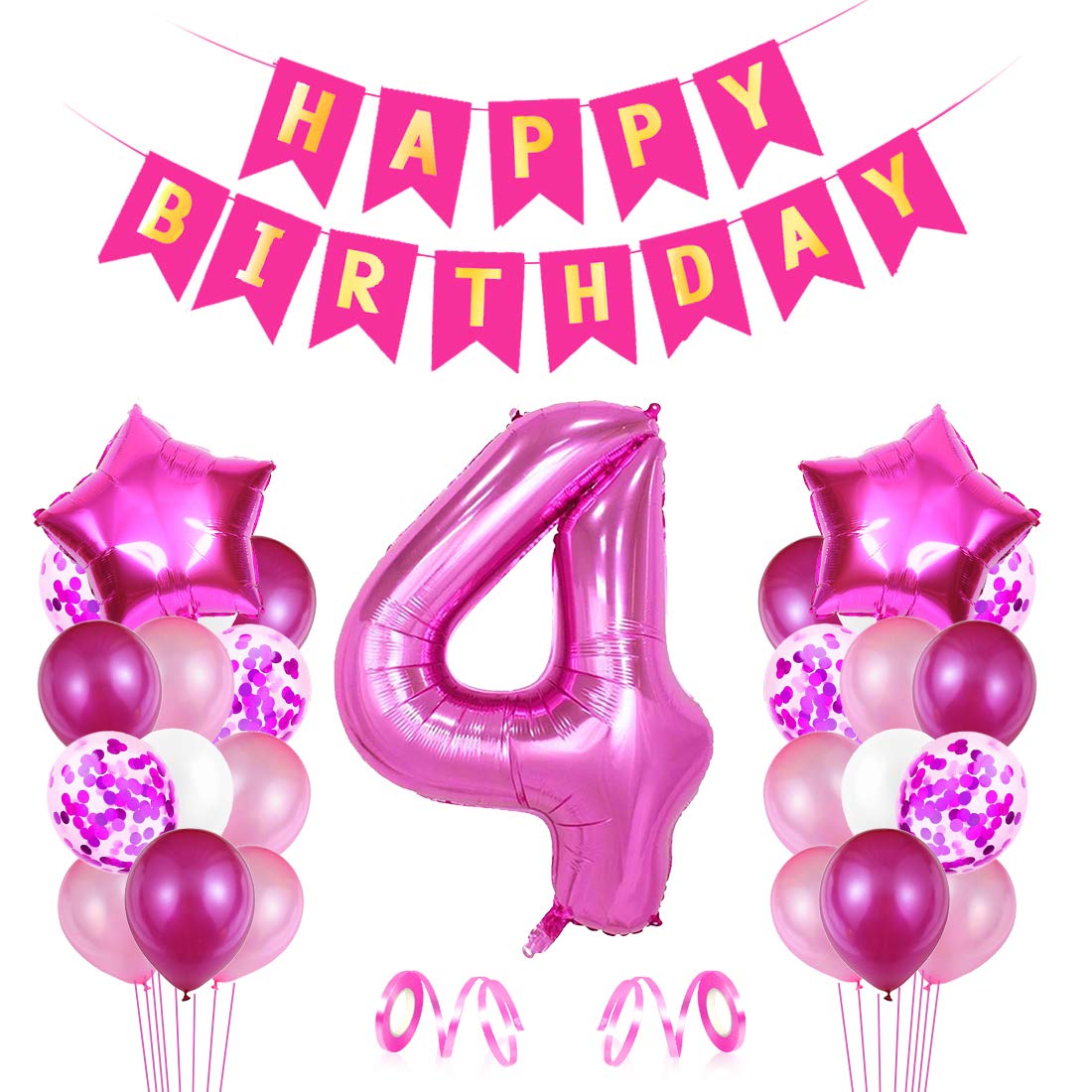 O-Kinee 4th Birthday Balloons Pink, 4 Birthday Foil Balloon, Rose Red 4th Birthday Decorations, Unique Foil 4th Balloon, 4 Birthday Balloons Set, 4th Birthday Decorations for Girls