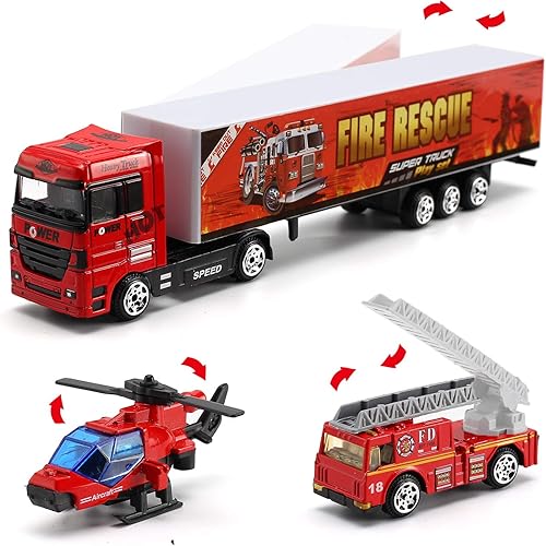 Miniatura 6 de Camión de bomberos de 19 piezas con juego de juguetes de bomberos, mini automóvil de bomberos fundido a presión en camión transportador, mini