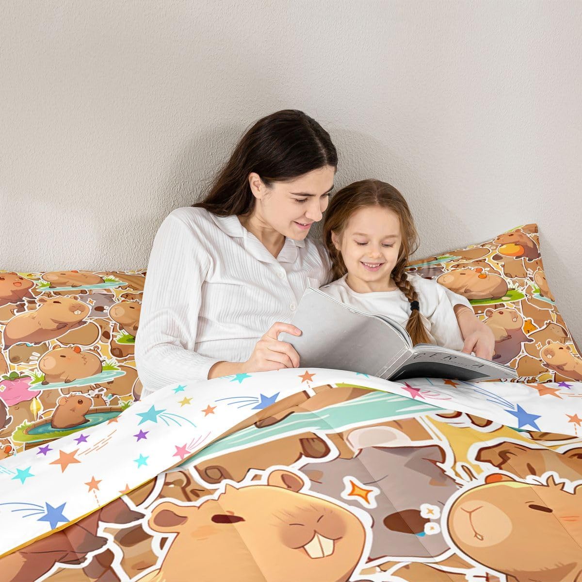 jejeloiu Capybara Comforter Set Full Size Kids Gifts for Capybara Lovers Comforter for Boys Teens Animals Lovers Bedding Set Orange Pattern Brown Duvet Set Room Decor Quilt Set