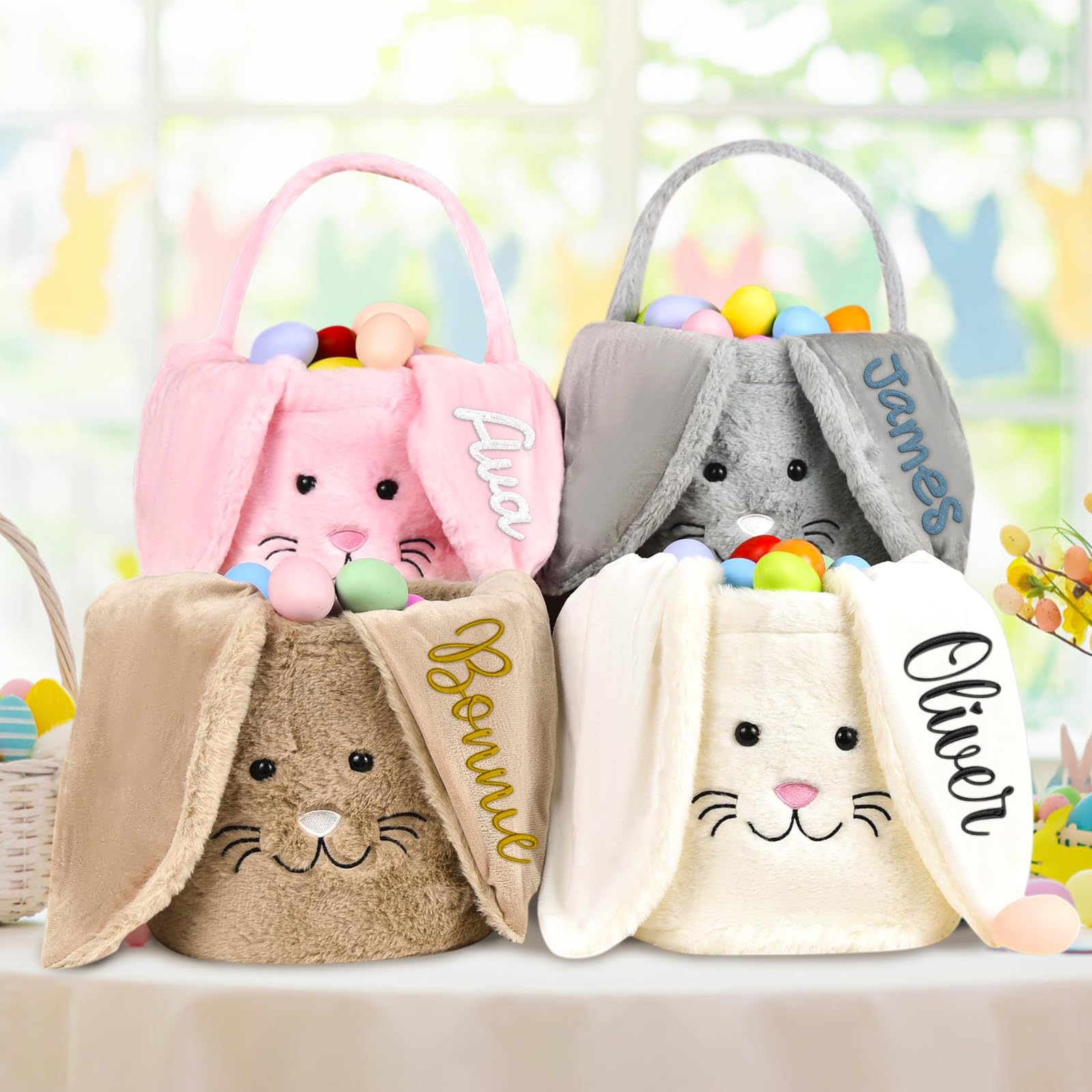 Artiglow Personalized Plush Easter Basket for Boys and Girls, Embroidered Bunny Ears Egg Hunt Basket with Custom Name, Soft Fillable Gift Bakset, First Easter, Fluffy, 9