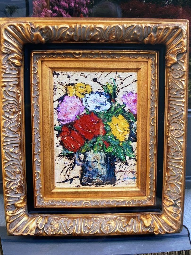 豪華額付き「バラ」F4 油彩画油絵絵画金箔一点物ゴージャス菊地正則
