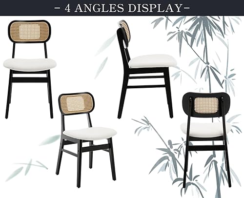 Miniatura 4 de Shunzhi Juego de 2 sillas de comedor de ratán, sillas de comedor de madera negra de estilo rústico de mediados de siglo, sillas de cocina de lino