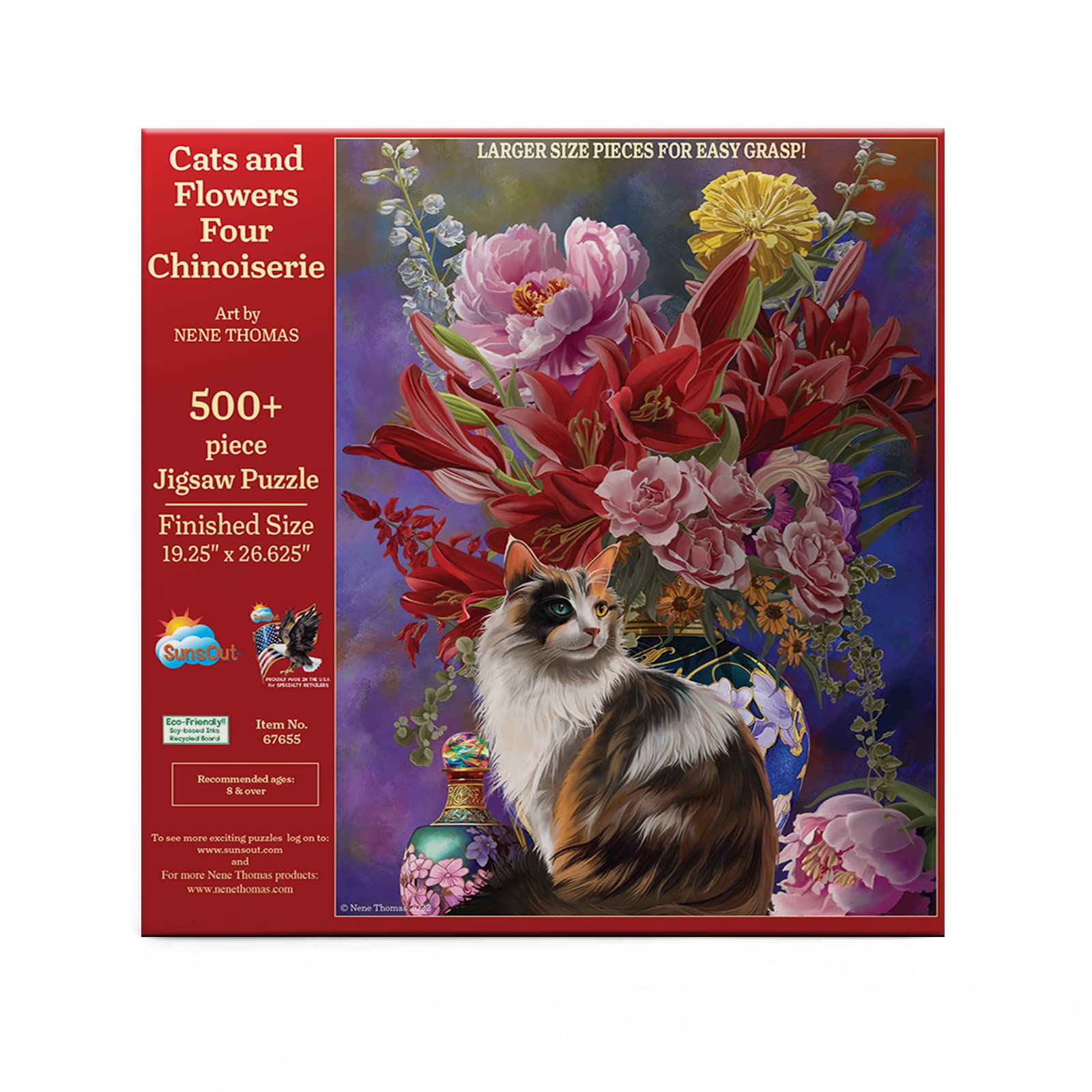 SUNSOUT INC - Cats and Flowers Four Chinoiserie - 500 pc Large Pieces Jigsaw Puzzle by Artist: Nene Thomas - Finished Size 19.25" x 26.625" - MPN# 67655