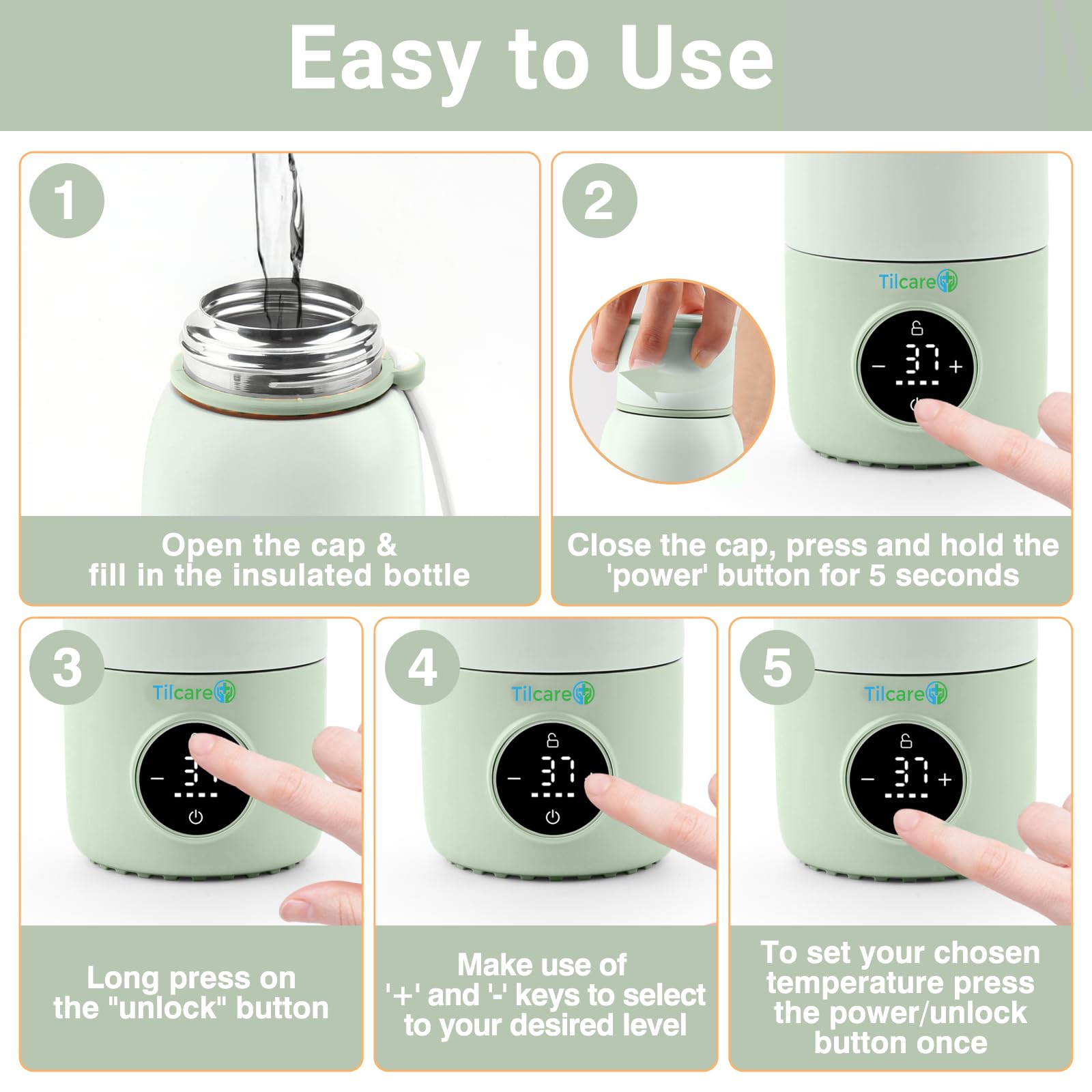 Scaldabiberon Portatile Ricaricabile con Distributore di Formula - 17oz/500ml, Riscaldamento Veloce, Controllo Preciso della Temperatura, Fino a 12 ore di Riscaldamento con Display LCD, Verde