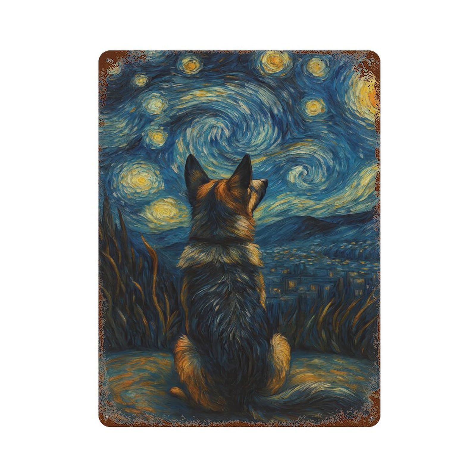 Vintage Rust Metal Sign Dog at Starry Night 15.7"x11.8", Novelty Wall Decor for Garage, Bar And Workshop Decor