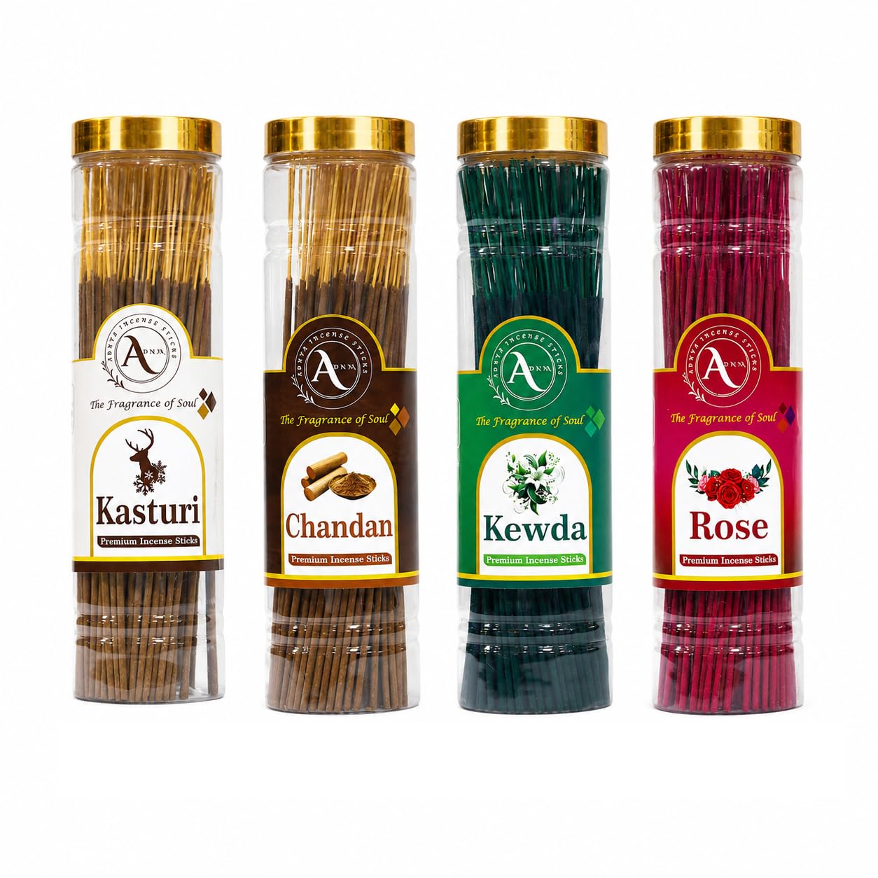 Premium Agarbatti Combo Pack | Kasturi Chandan Kewada and Rose Fragrances Long Lasting Aroma for Home Pooja 4 in 1 Jar Set | Size Pack of 4 Jar 250 Gm-picture-30