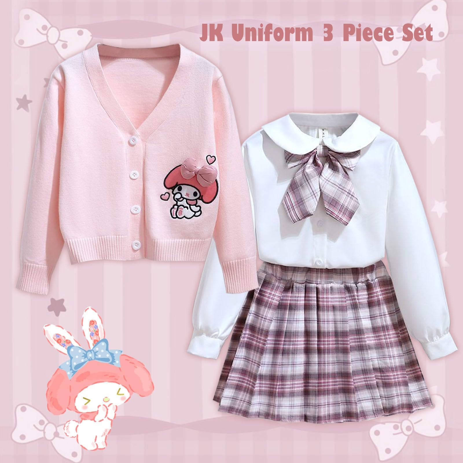Kuro-mi My Me-lody JK Girls Uniform Set V-Neck Mesh Cardigan Plisowana spódnica w kratę Koszula + Muszka