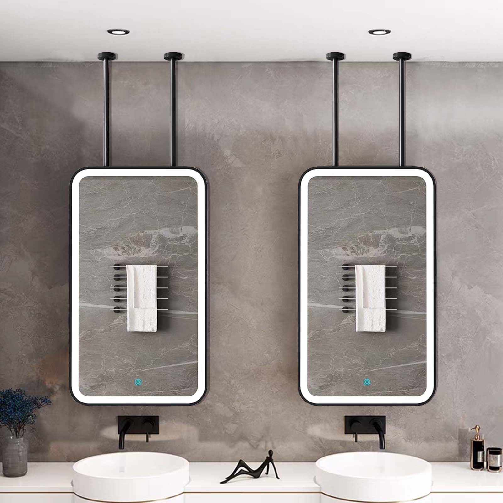 FGXHHS Ceiling Square Hanging Suspended Mirrors Black Dimmable Vanity Mirror Wall Mounted Large Touch LED for Bathroom Over Sink Apartment(50cmx70cm)