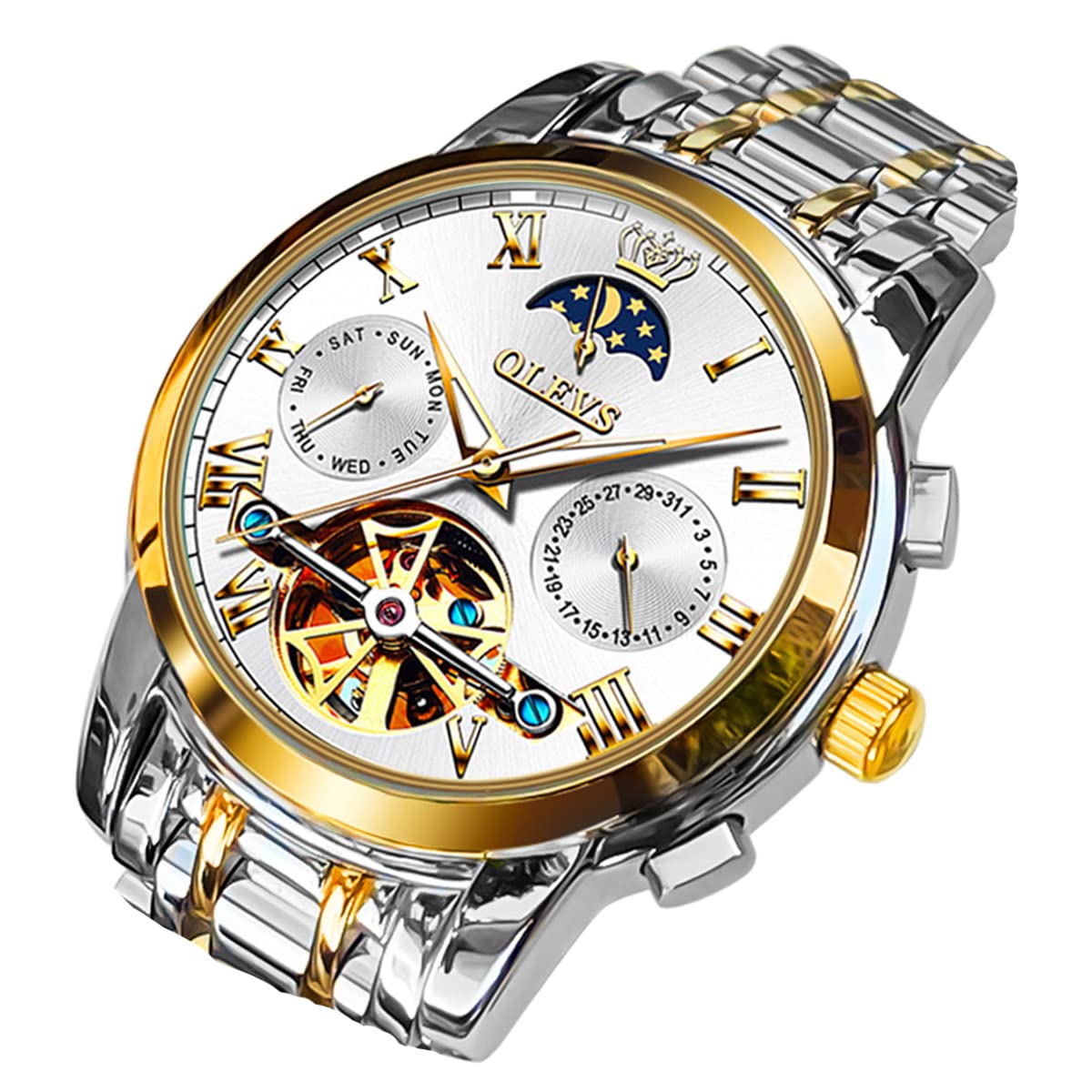 Mens Watch Automatic Mechanical Winding Moon Phase Stainless Steel Two Tone Date Waterproof Luminous
