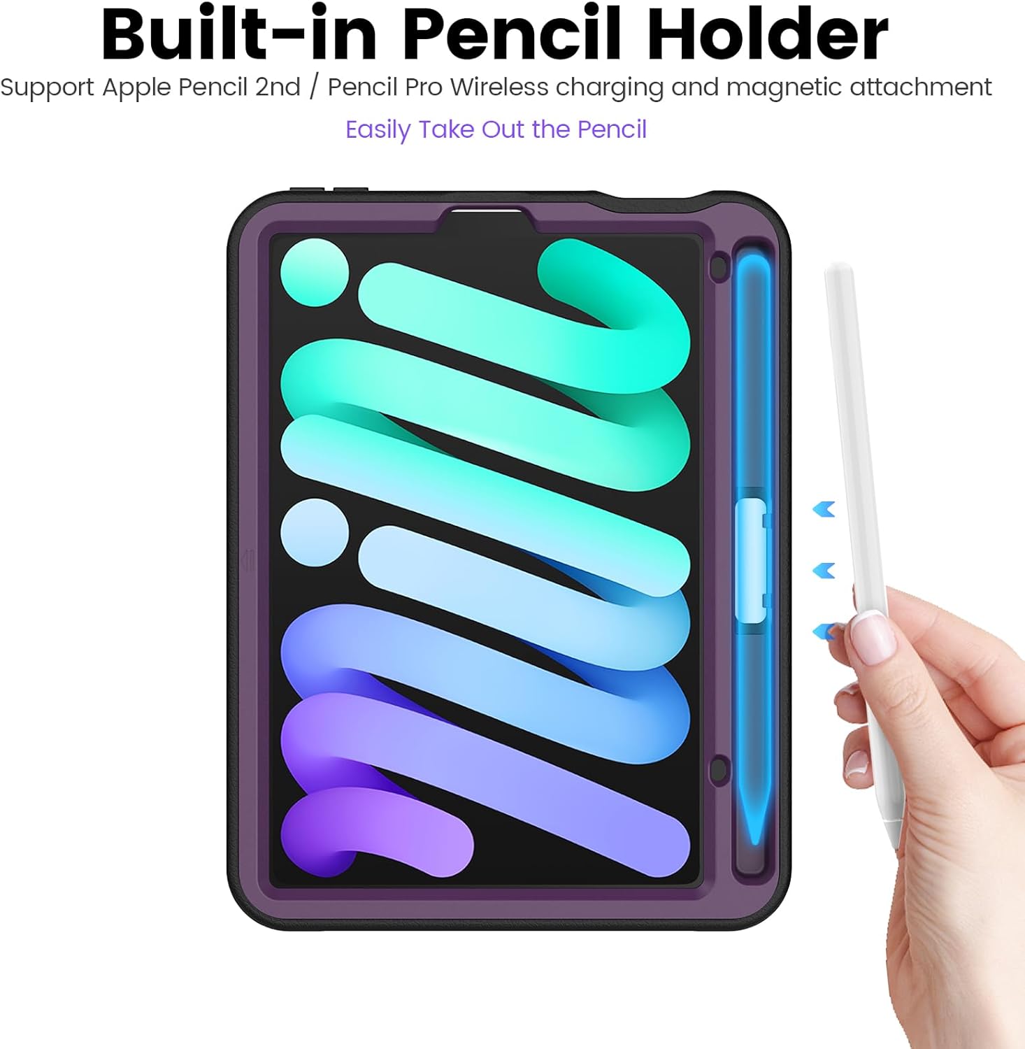 Case for iPad mini 7 (A17 Pro) 2024/ Mini 6 2021 8.3 Inch: Shockproof Rugged Protective Cover with Pencil Holder, Auto Wake/Sleep, Magnetic Multi-Angles Stand, Card Slot, Purple