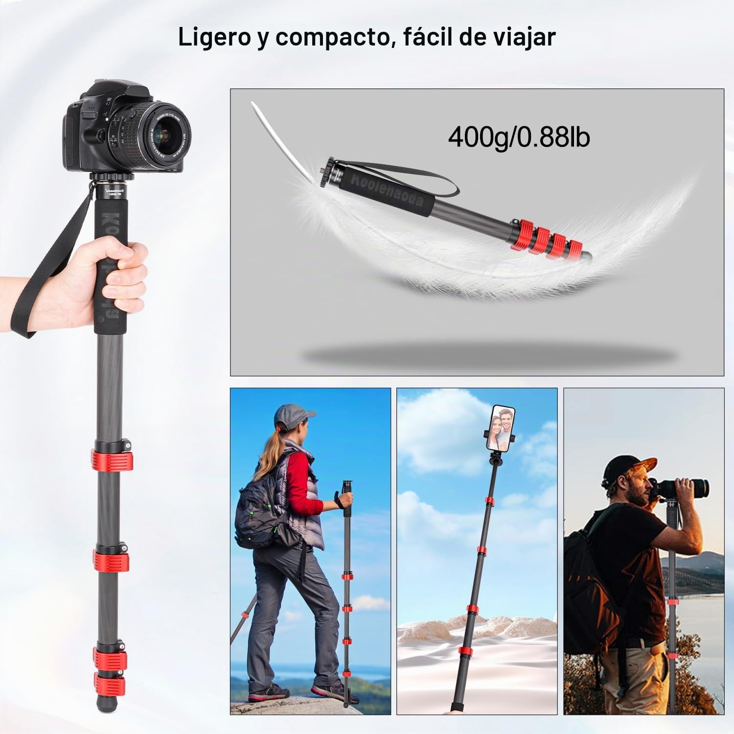 Koolehaoda Monopie de Fibra de Carbono para Cámaras, 44-166cm Monopie Extensible, Tubo de 28mm, Compacto Portátil Monopie para Cámara Canon Nikon Sony DSLR. Carga máxima 10kg - MP285EC