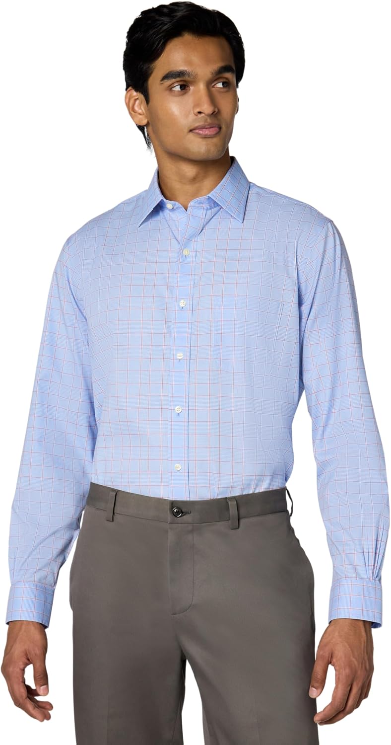 Brooks Brothers Men's Non-Iron Stretch Pinpoint Ainsley Spread Collar Plaid Dress Shirt