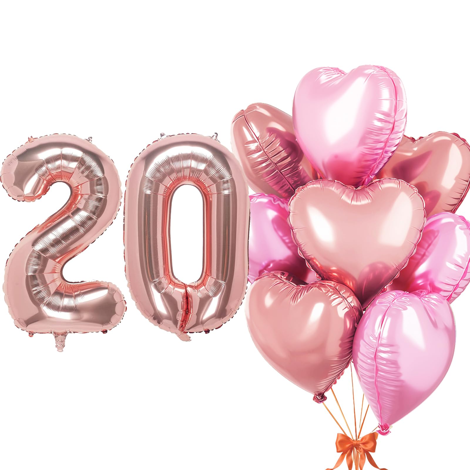 Rose Gold Balloon 20, Foil Balloon Number 20, Rose Gold Heart Foil Balloon, 40 Inch Helium Balloon 20 with Heart Balloons, Balloon 20. Birthday Decor Set for Birthday Anniversary Party Decoration