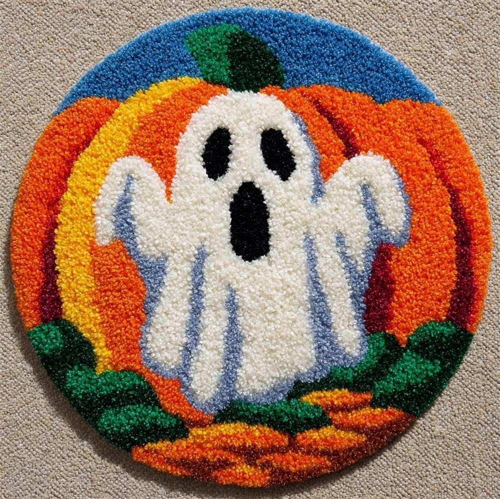 kitphoenix Round Latch Hook Rug Halloween Ghost Pumpkin