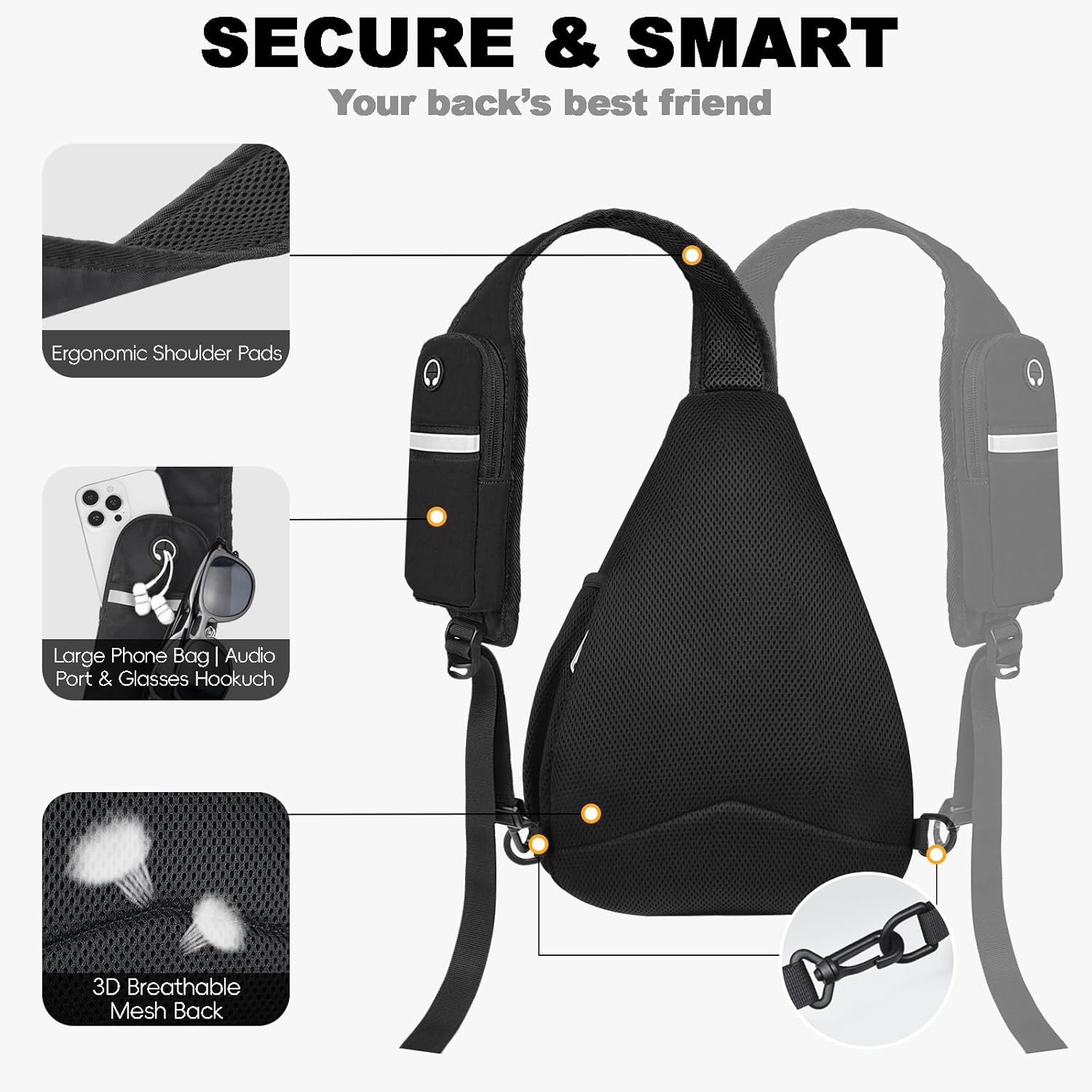 Seektop Anti Theft Crossbody Bag for Women RFID Blocking Waterproof Sling Backpack Lightweight 400D Nylon Small Chest Pack Shoulder Bag for Travel Hiking Commuting Men Black