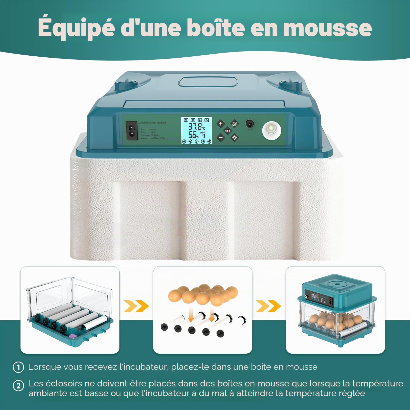 Incubateur entièrement automatique, incubateur pour 10 à 36 œufs avec rotation automatique des œufs et humidification automatique, incubateur avec indicateur d'humidité pour poulets, canards, oies et