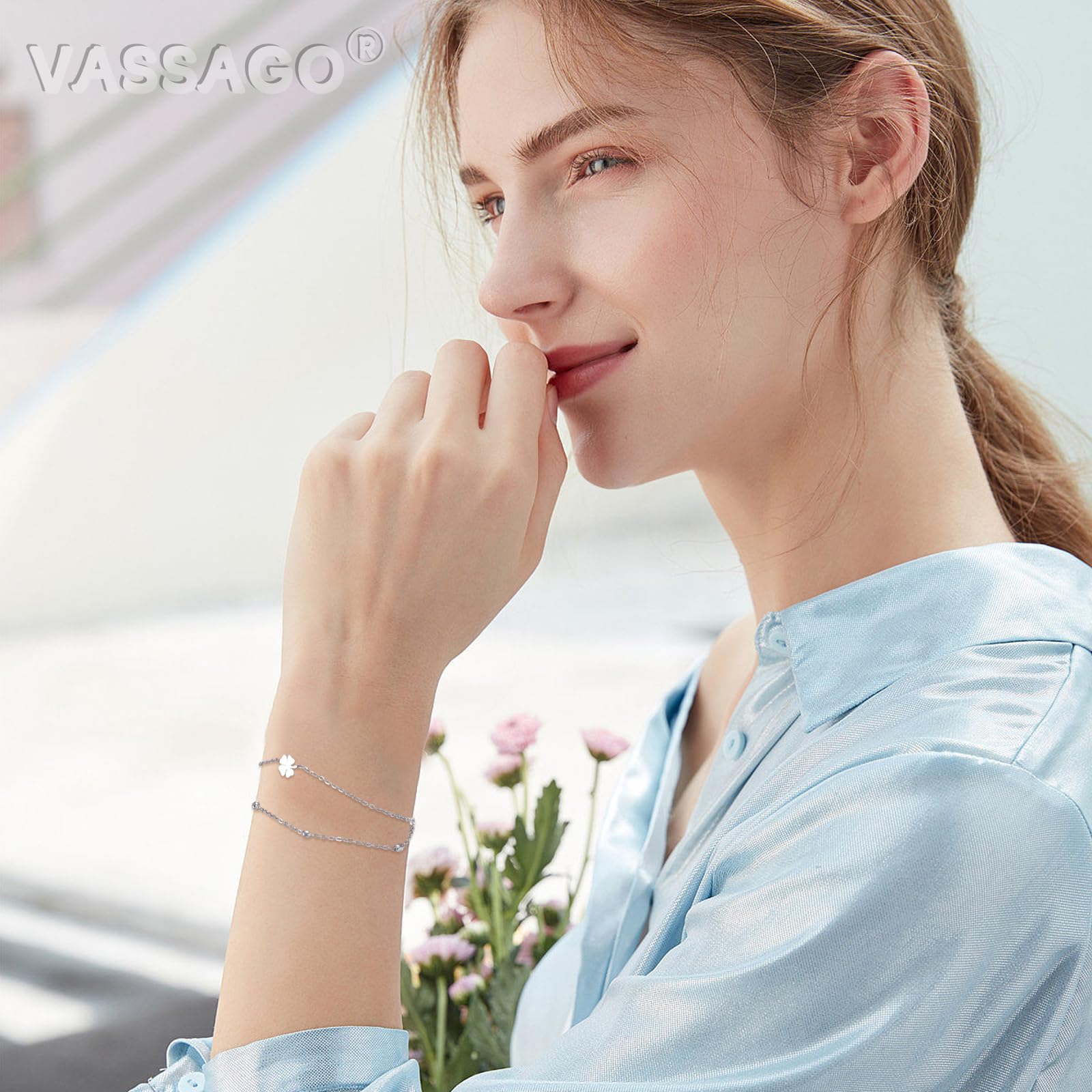 VASSAGO Bracciale da donna con quadrifoglio, in acciaio inox, con quadrifoglio, portafortuna, alla moda, idea regalo per le donne
