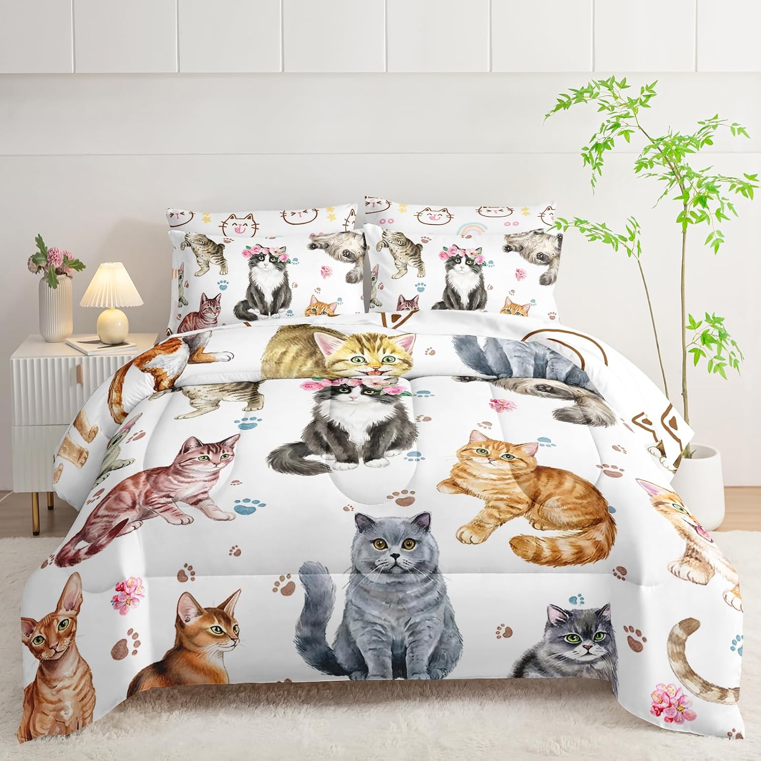 AILONEN Kids Cat Comforter Set Twin Size,7-Piece Soft Bed in a Bag,Watercolor Cat Print Comforter & Fitted Sheet & Flat Sheet & 2 Pillowcases,2 Pillow Shams for Bedroom