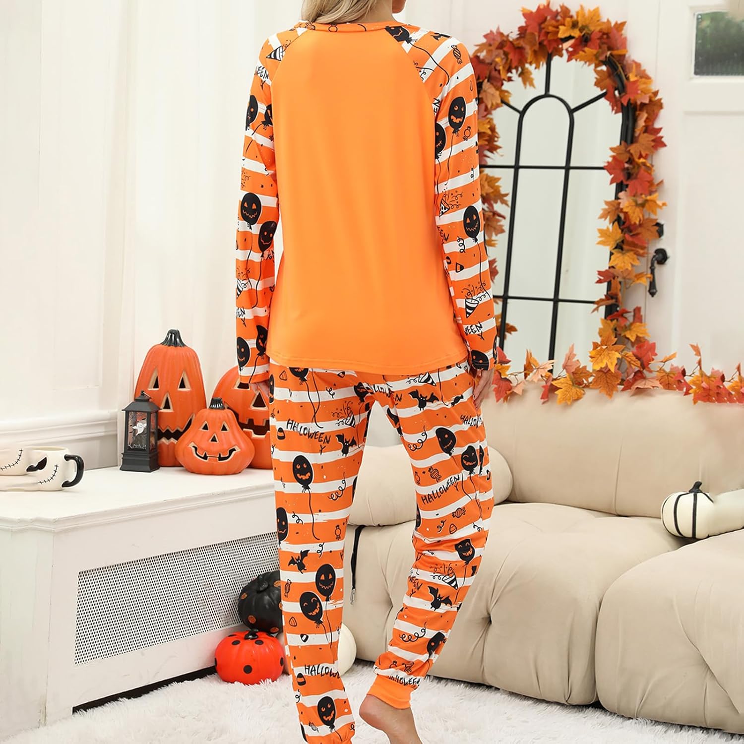 HOXIJIA Women Halloween Pajama Set Casual Pumpkin Graphic Ghost Striped Boho Loungewear Set Comfy Long Sleeve Sleepwear - Image 3
