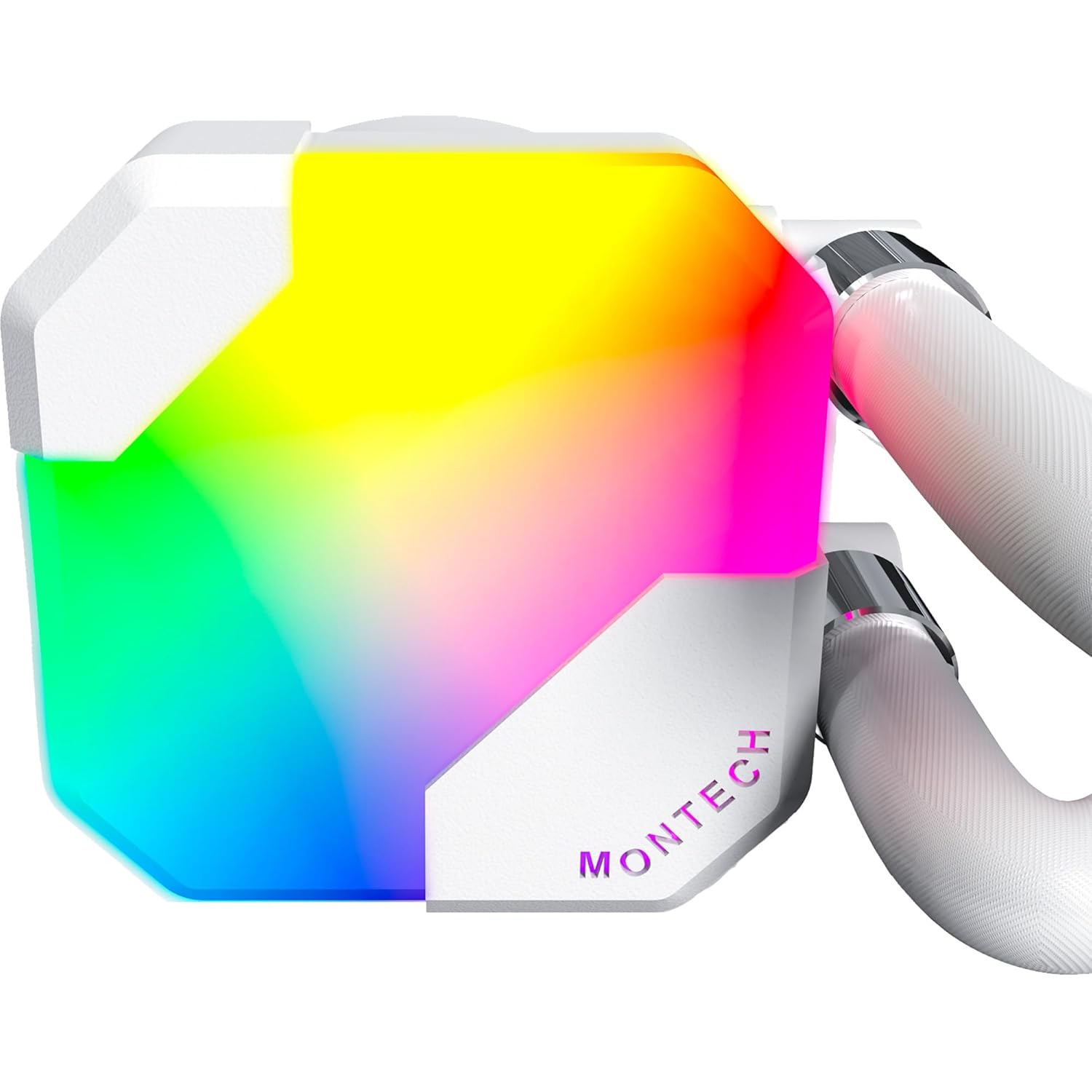 Close-up of MONTECH HyperFlow ARGB 360 pump with ARGB lighting