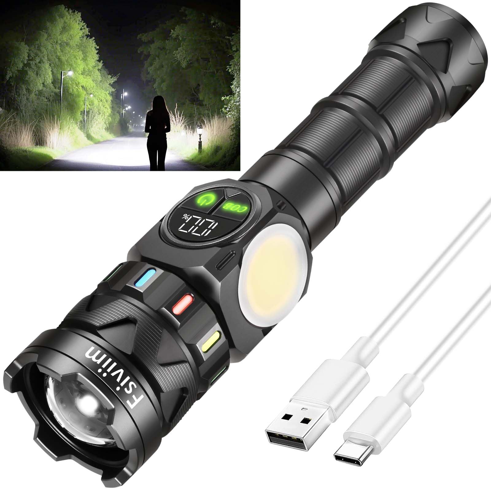 Fsiviim 7000mAh-Akku mit hoher Kapazität, 1000,000 Lumen Taschenlampe Led Aufladbar, Led Taschenlampe Extrem Hell, Starke Taschenlampen, Zoom Einstellbar, 9 Modi, Einzigartiger Warmlichtmodus