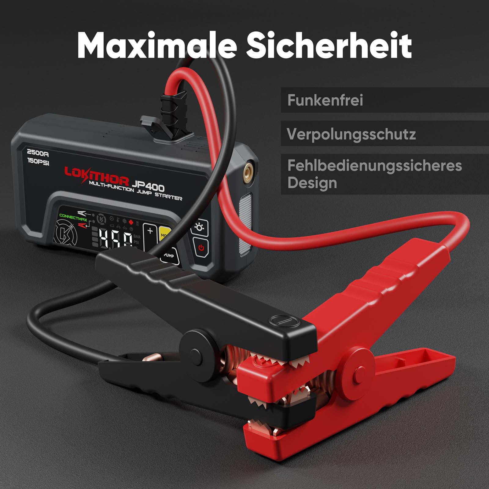 LOKITHOR JP400 Starthilfe Powerbank mit Kompressor, 2500A 12V Jump Starter tragbar für Pkw bis 8,5L Benzin / 6,5L Diesel, 150PSI Reifenfüller mit Auto-Stopp & ConnectMax Technologie