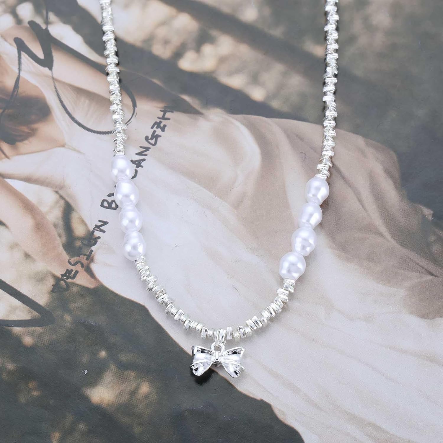 Boho Bow Pendant Necklace Silver Bowtie Choker Necklace Vintage Baroque Pearls Necklace Adjustable Bow Pearl Chain Necklace Jewelry for Women - Image 4