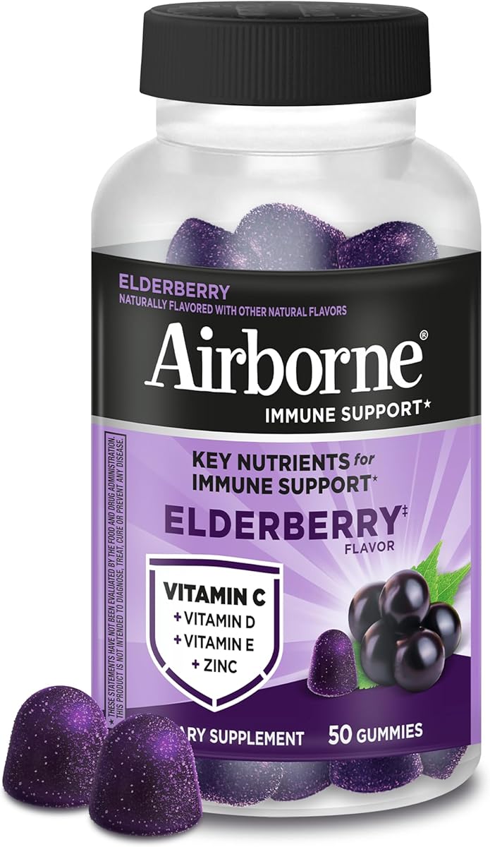 Airborne Airborne Elderberry + Zinc & Vitamin C Gummies For Adults, Immune Support Vitamin D & Zinc Gummies With Powerful Antioxidant Vitamins C D & E - 50 Gummies, Elderberry Flavor