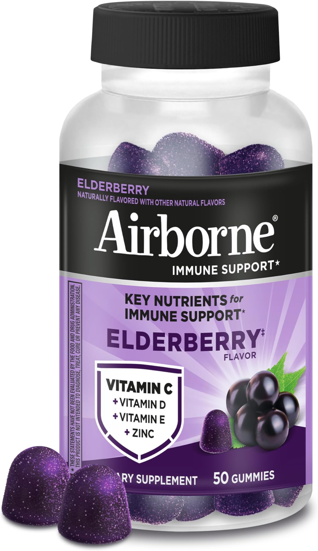 Elderberry + Zinc & Vitamin C Gummies For Adults, Immune Support Vitamin D & Zinc Gummies With Powerful Antioxidant Vitamins C D & E - 50 Gummies, Elderberry Flavor