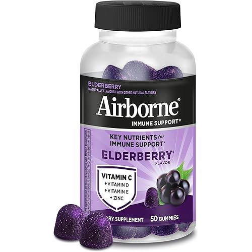 Airborne Elderberry + Zinc & Vitamin C Gummies For Adults, Immune Support Vitamin D & Zinc Gummies With Powerful Antioxidant Vitamins C D & E - 50 Gummies, Elderberry Flavor