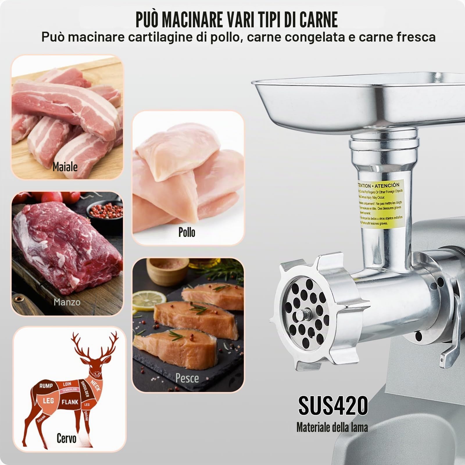 VEVOR Tritacarne Elettrico Industriale con Lama Capacità 2,27 kg/min, 575 W (800 W MAX), Piastra di Macinazione, Lama per Insaccare Salsicce e 3 Tubi, Tritacarne Alluminio 440 x 200 x 300 mm