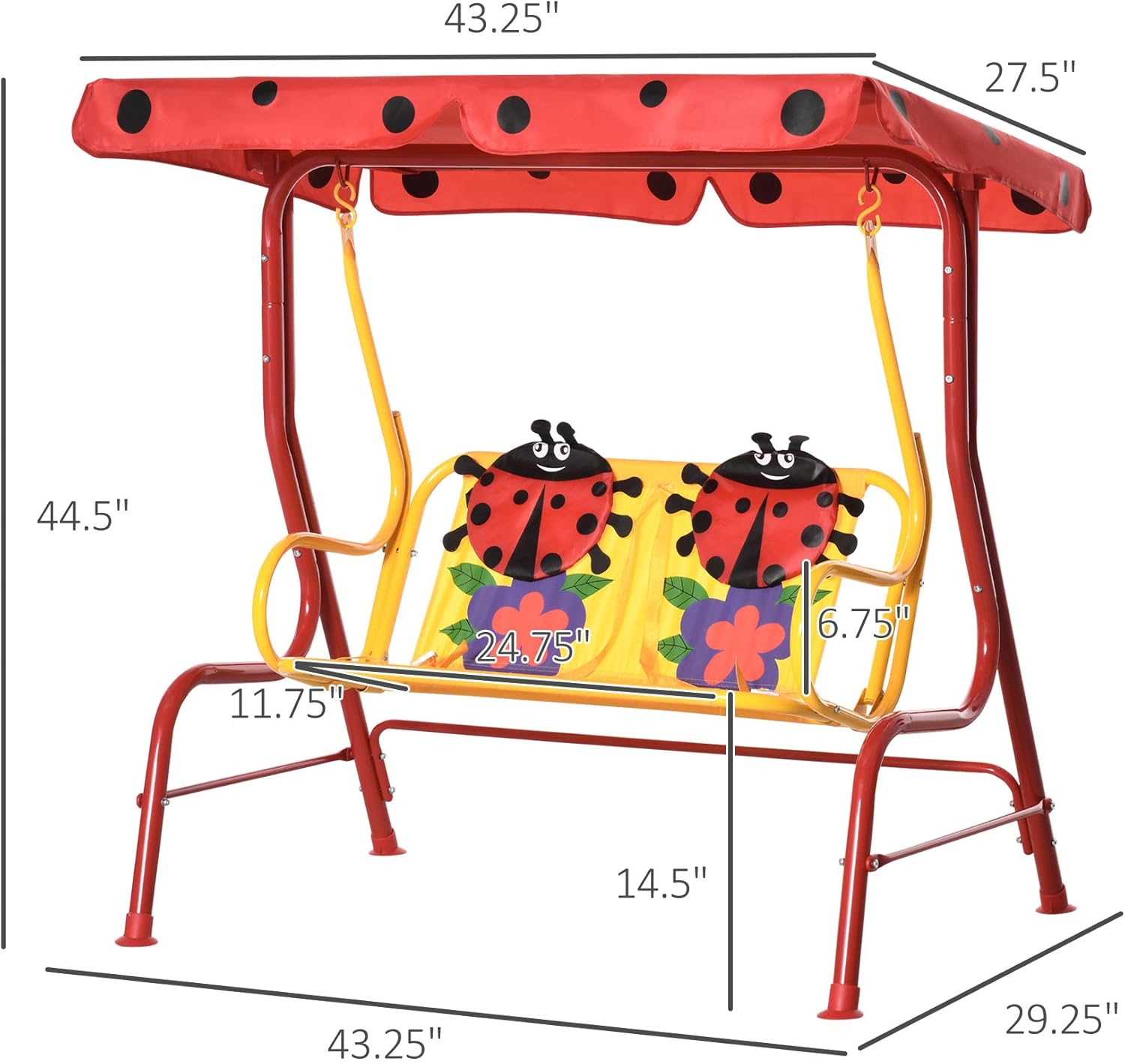Outsunny Kids Patio Swing, 2-Seater Outdoor Swing Chair with Adjustable Canopy and Safety Belt, Lion Pattern Hanging Swing Bench for Garden or Backyard, Yellow