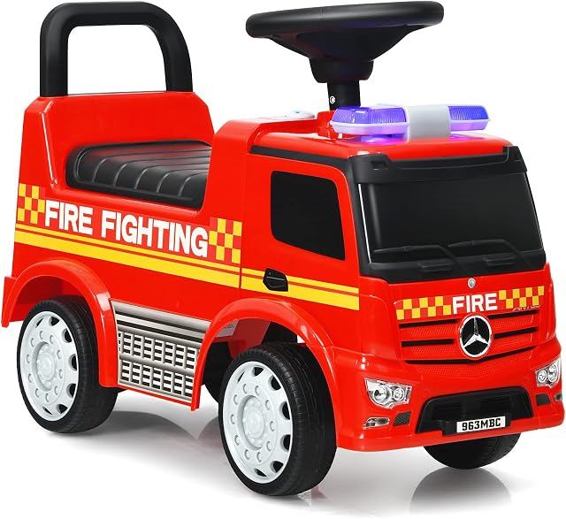 COSTWAY Ride On Push Car, Licensed Toddler Walker with Steering Wheel, Horn, Headlights, Under Seat Storage, Foot to Floor Slider Riding Toy for Boys Girls (Fire Truck)