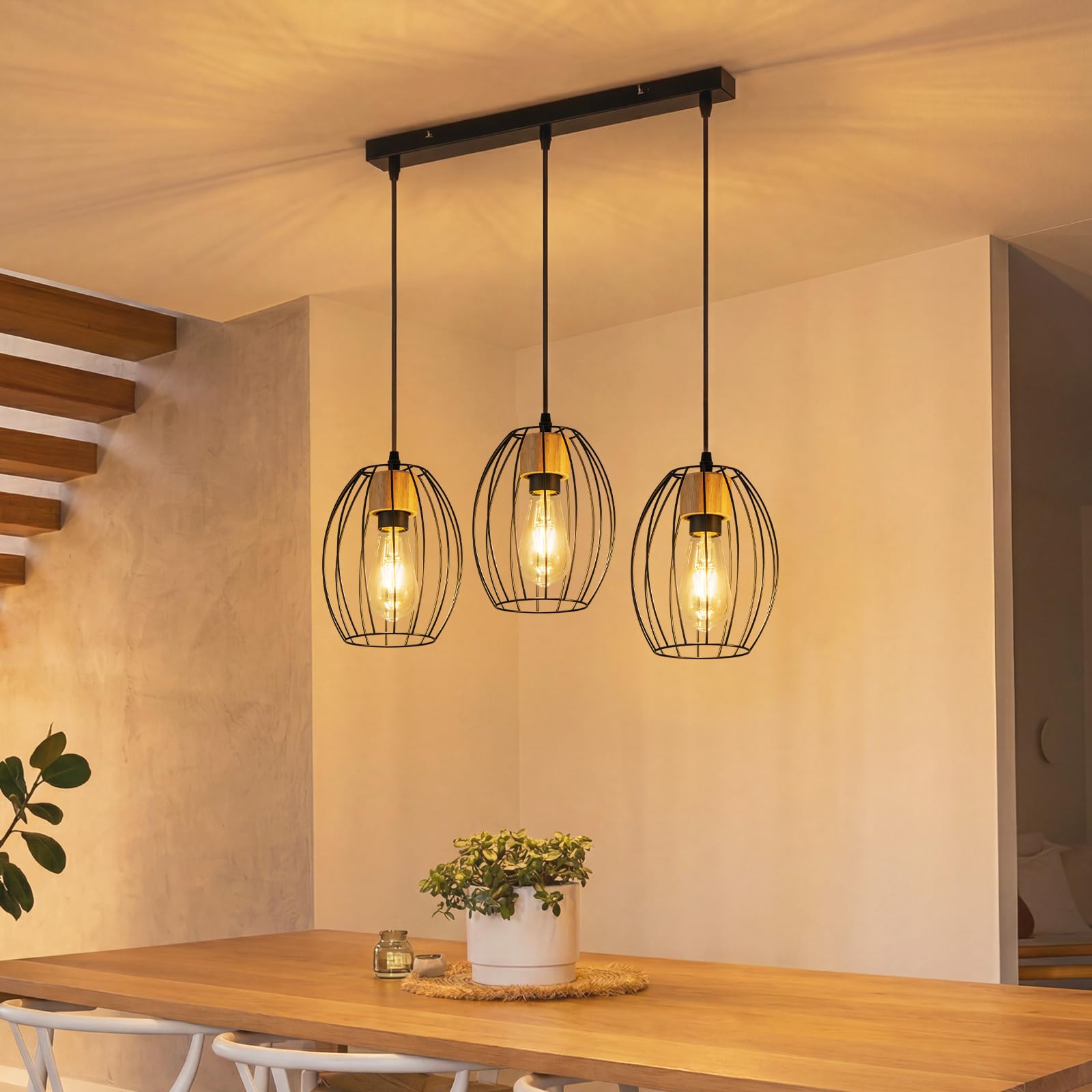 Hängelampe Vintage Pendelleuchte Esstisch - 3 flammig Esstischlampe | Hängend Schwarz Hängeleuchte Metall & Holz E27 Retro Pendellampe für Wohnzimmer Schlafzimmer Küche (Ohne Leuchtmittel)