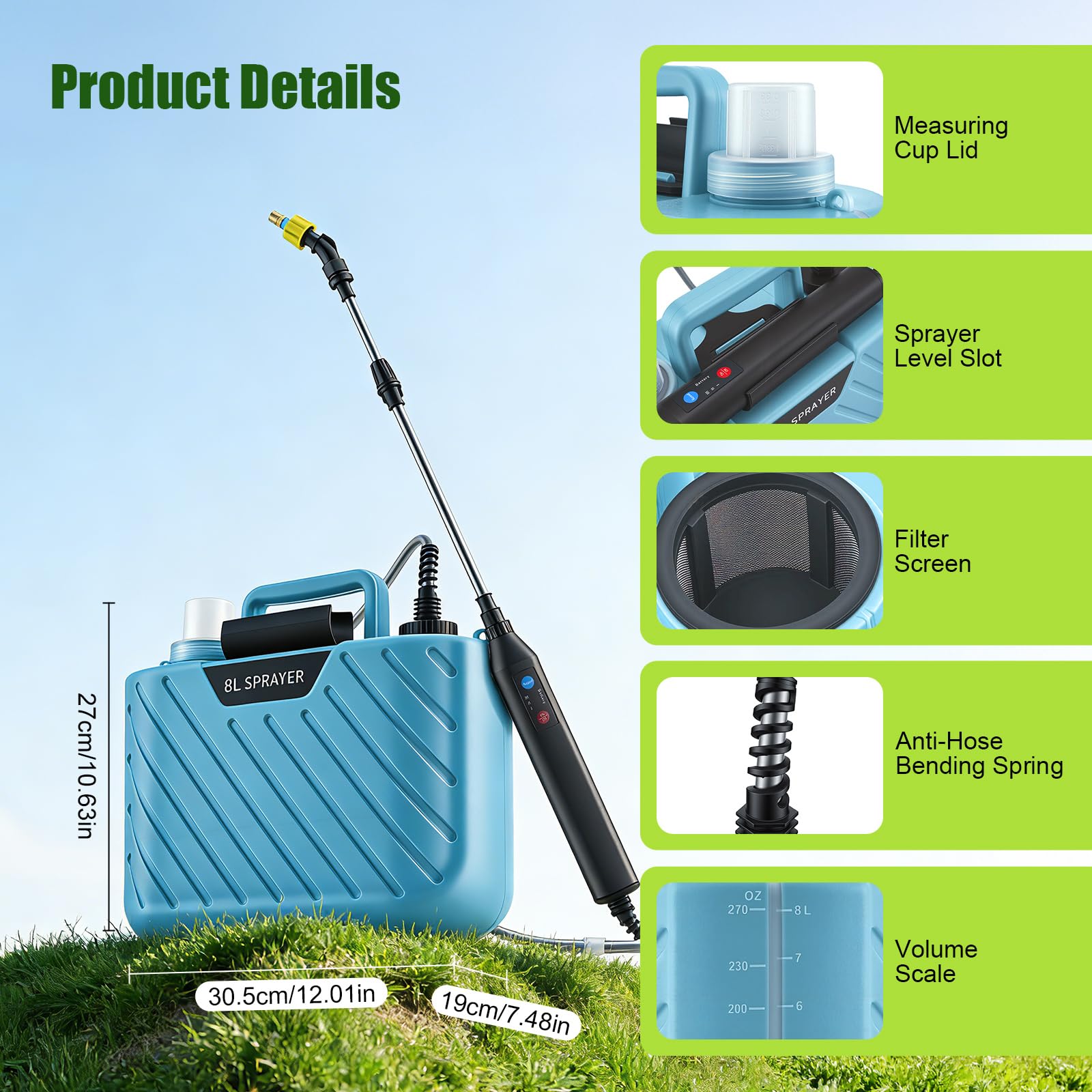 Spruzzatore a pressione da 8L, potente spruzzatore elettrico per piante da 7,4V con 3 ugelli e tracolla regolabile, impugnatura ricaricabile tramite USB e asta telescopica per diserbo e irrigazione