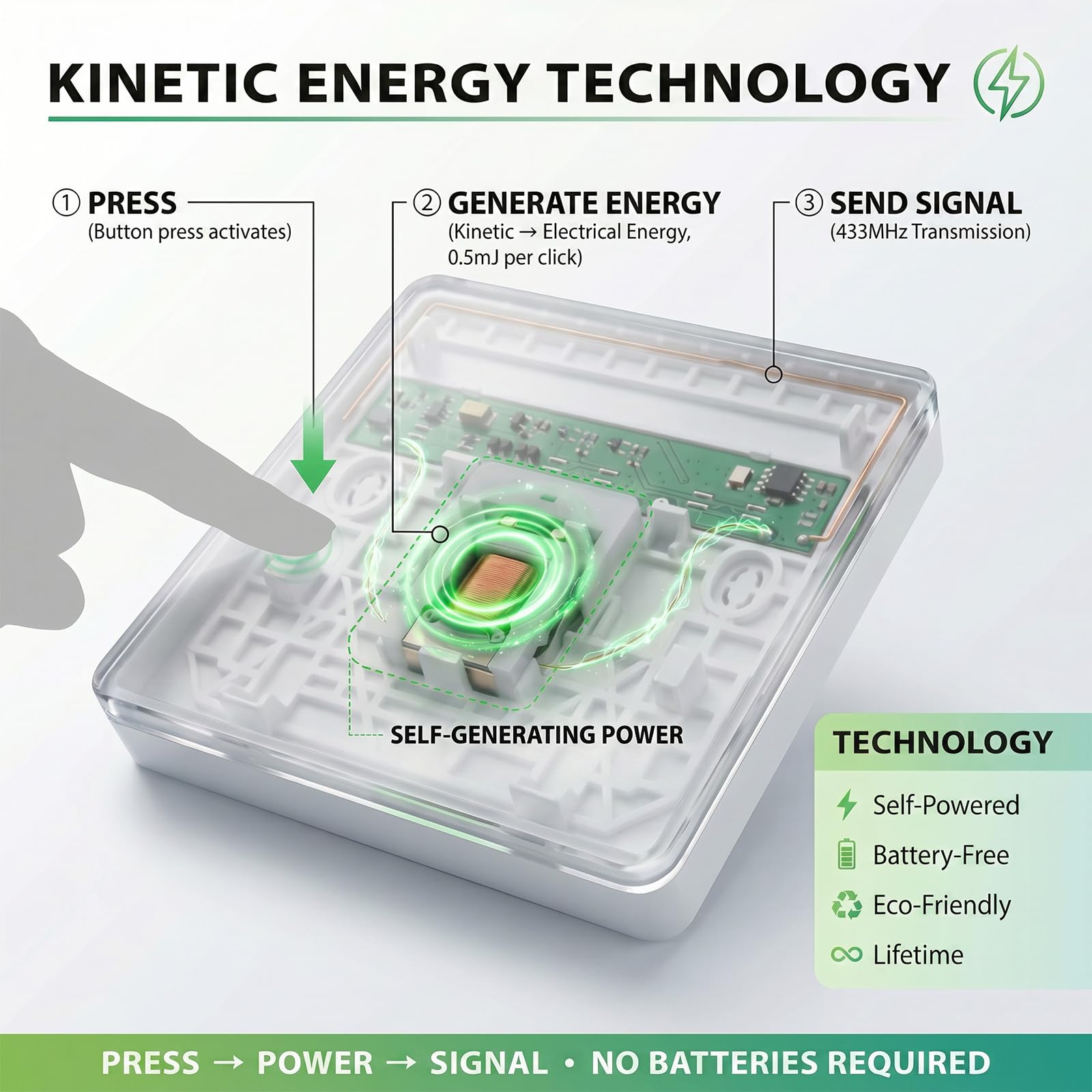 Kinetischer drahtloser Schalter,RF Sicherheit drahtloser Wandschalter und Kleine Controller,selbstbetriebener drahtloser Lichtschalter Kein Schreiben, keine Batterie