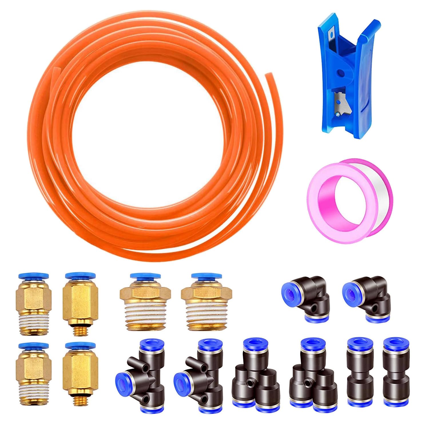 HAXIHA Pneumatic Hose Orange 6 mm OD 4 mm ID Polyurethane PU Air Hose Pipe Set, 12 m Compressed Air Hose is Suitable for Pneumatic Devices + Quick Connector Hose, Y/T/L/I